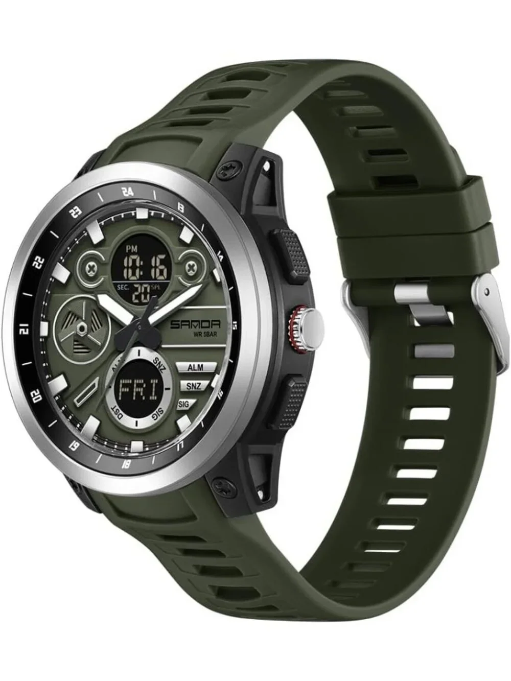Men's Military Green Analog Quartz Stainless Steel Electronic LED Digital Watch
